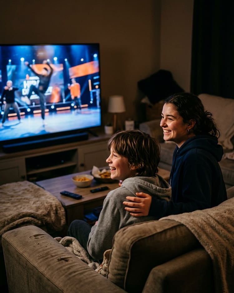 A woman and a young boy on a sofa, smiling as they watch a stage performance on TV