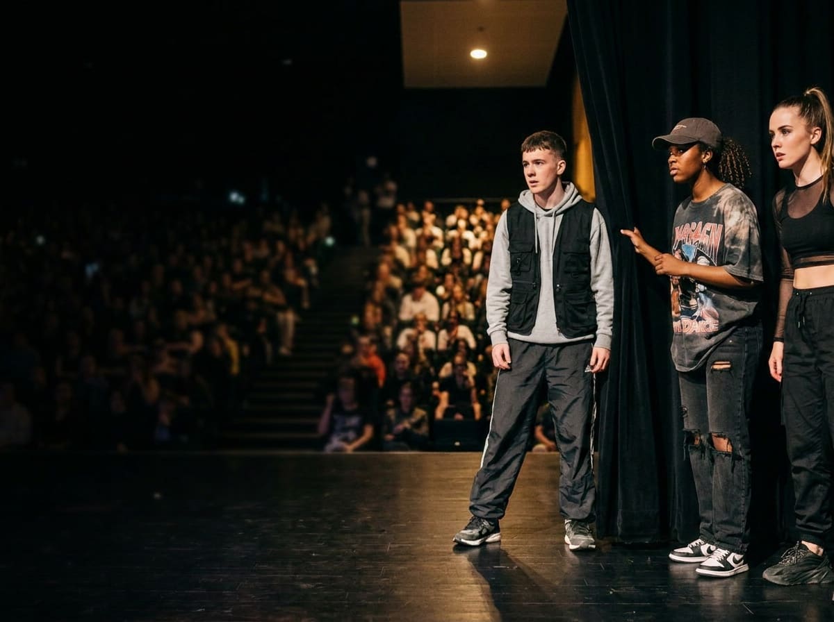 Three young performers standing on stage in front of an audience
